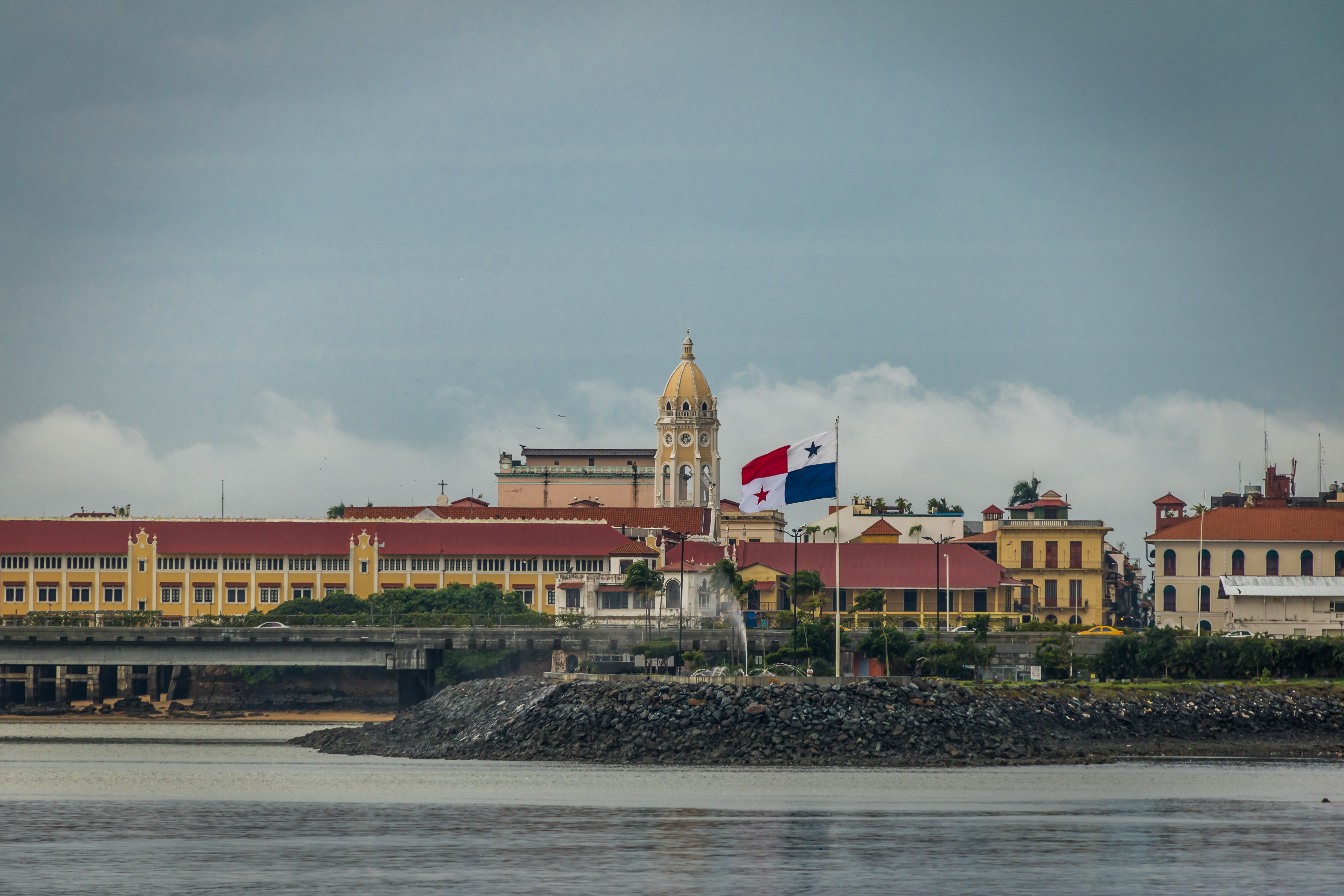 San Francisco de Asis Church in Casco Viejo and Panama Flag - Panama City, Panama